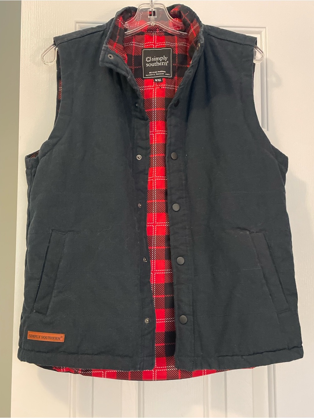 Simply Southern Men's Navy Quilted Vest with Red Plaid Lining